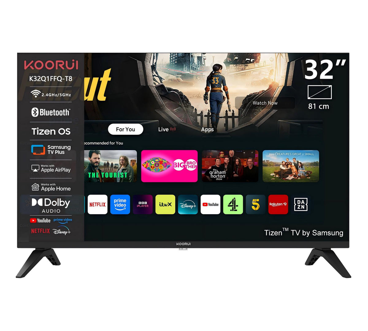 KOORUI K32Q1FFQ-T8, 32 Zoll, Full HD QLED, TIZEN TV, Kompakte Größe mit farbenfrohem Bildschirm, Dynamischer Sound mit Dolby Audio, Hochwertiges Metall-Finish