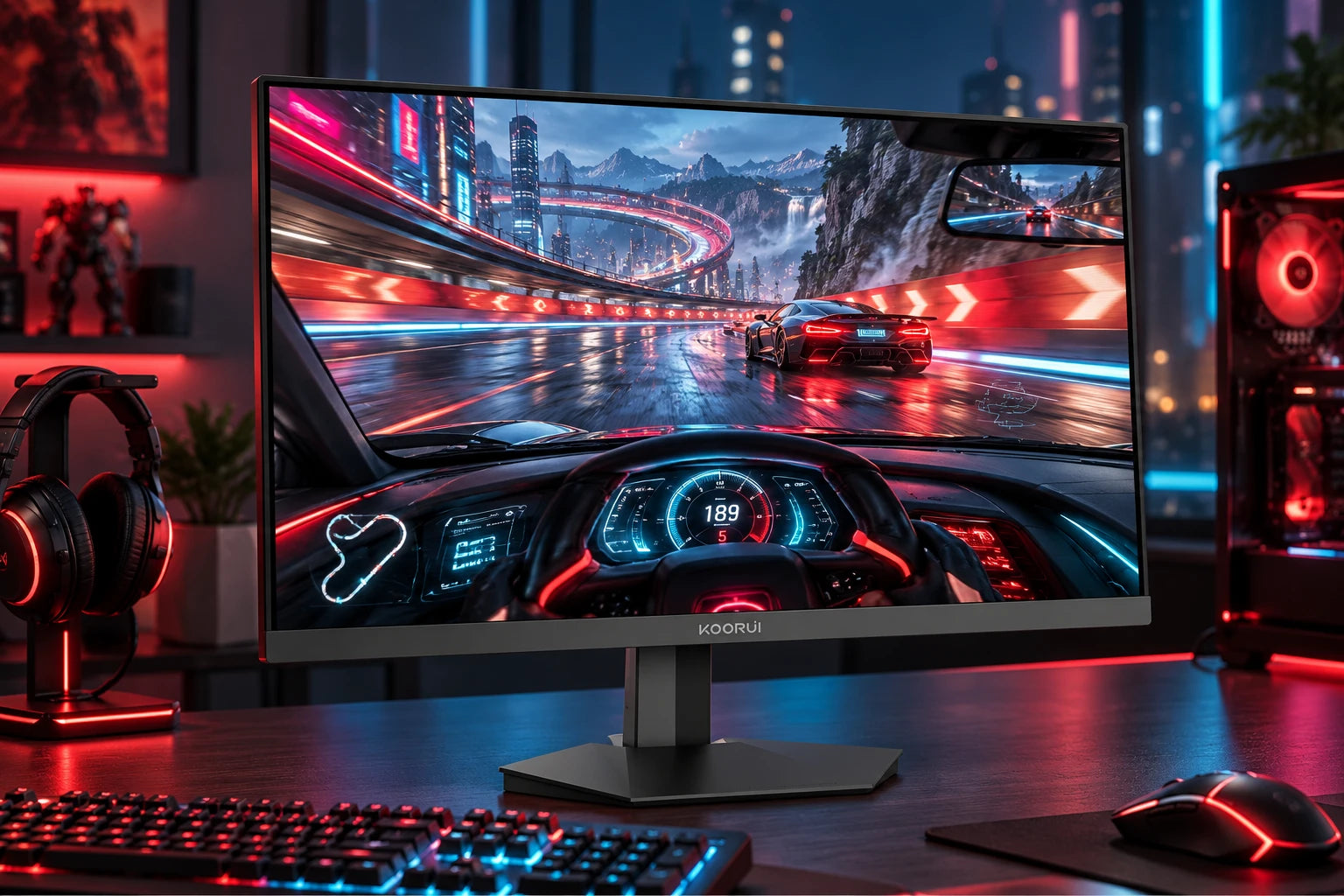 KOORUI-Gaming-Monitor in einem RGB-beleuchteten Gaming-Setup