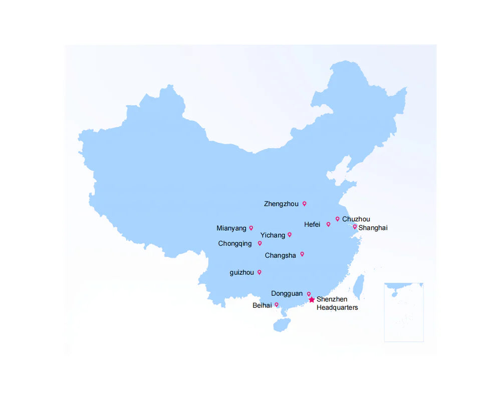 Karte der HKC Fertigungs- und Forschungsstandorte in China