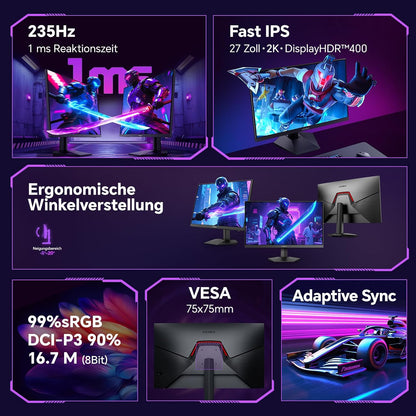 KOORUI 27 Zoll Gaming Monitor 235Hz WQHD IPS 1ms HDR400 HDMI 2.0x2/DP 1.4