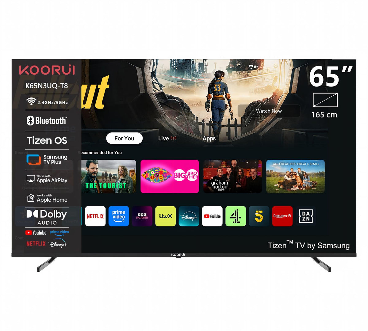 KOORUI K65N3UQ-T8, 65 Zoll, 4K QLED, TIZEN TV, Rahmenloses Design, Dynamischer Sound mit Dolby Audio, Hochwertiges Metall-Finish