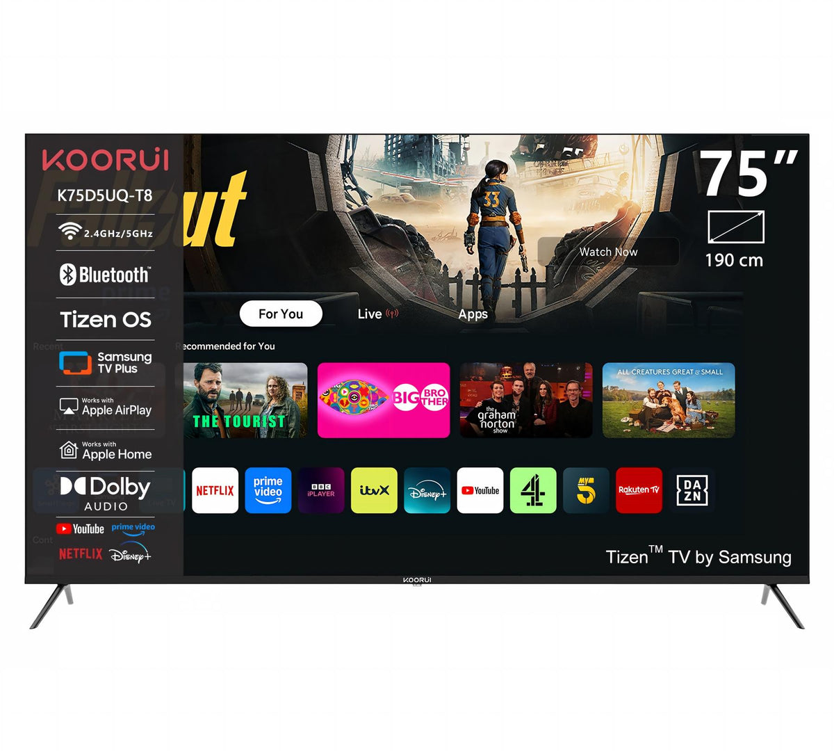 KOORUI K75D5UQ-T8, 75 Zoll, 4K QLED, TIZEN TV, Rahmenloses Design, Dynamischer Sound mit Dolby Audio, Hochwertiges Metall-Finish