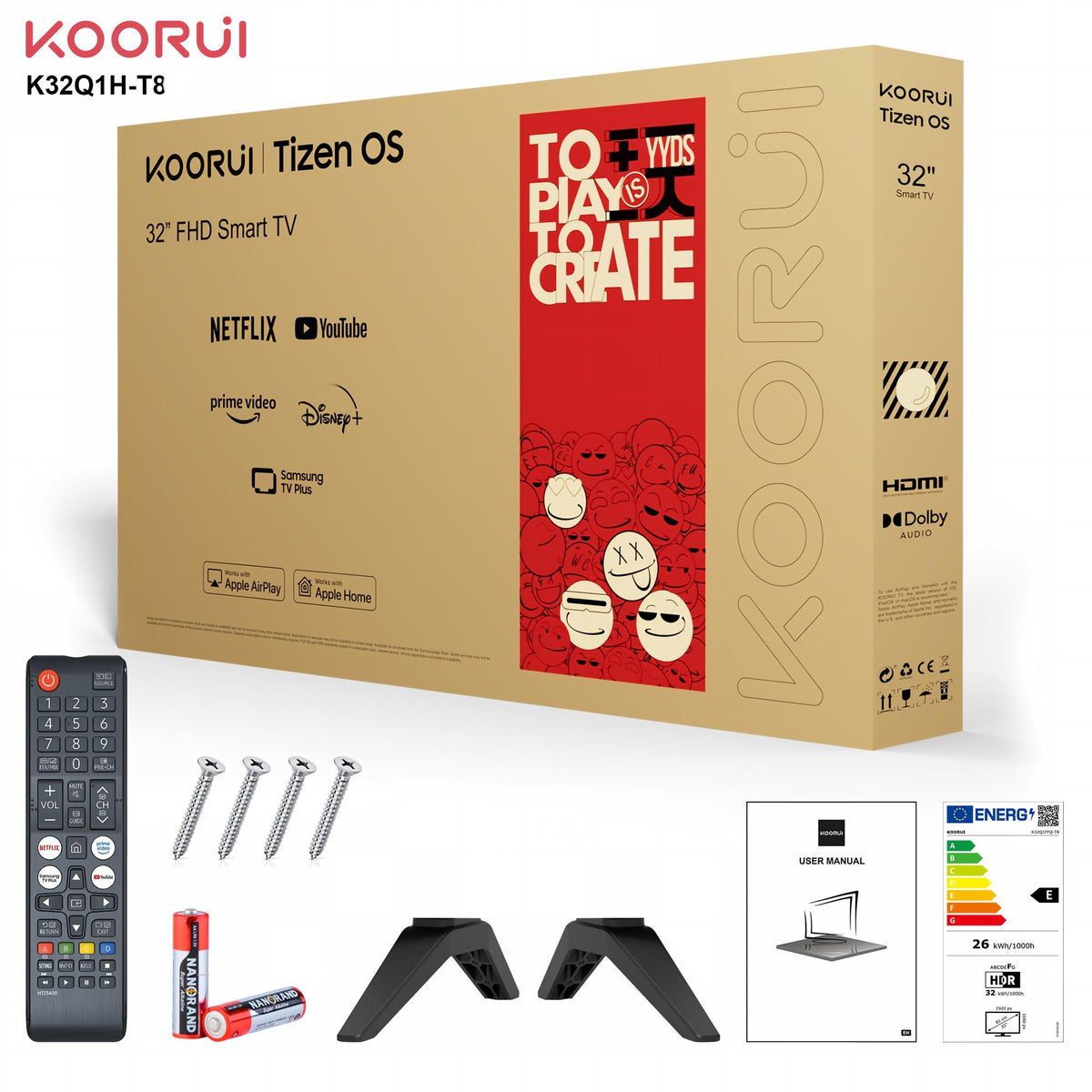 KOORUI K32Q1FFQ-T8, 32 Zoll, Full HD QLED, TIZEN TV, Kompakte Größe mit farbenfrohem Bildschirm, Dynamischer Sound mit Dolby Audio, Hochwertiges Metall-Finish