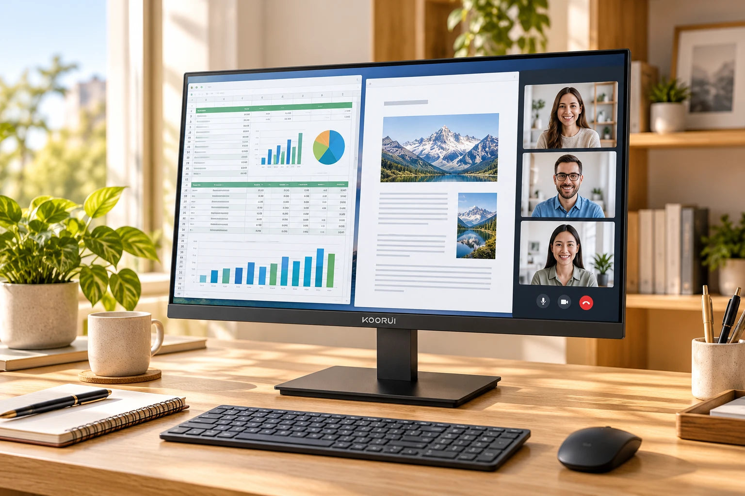KOORUI-Monitor mit Dokumenten und Tabellen im hellen Homeoffice